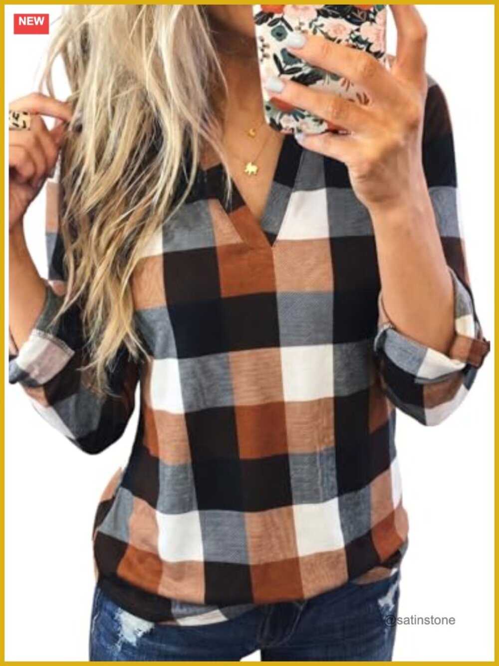 Plaid Cotton 3/4 Sleeve Blouse Cuffed V-Neck High Low Tunic Shirt